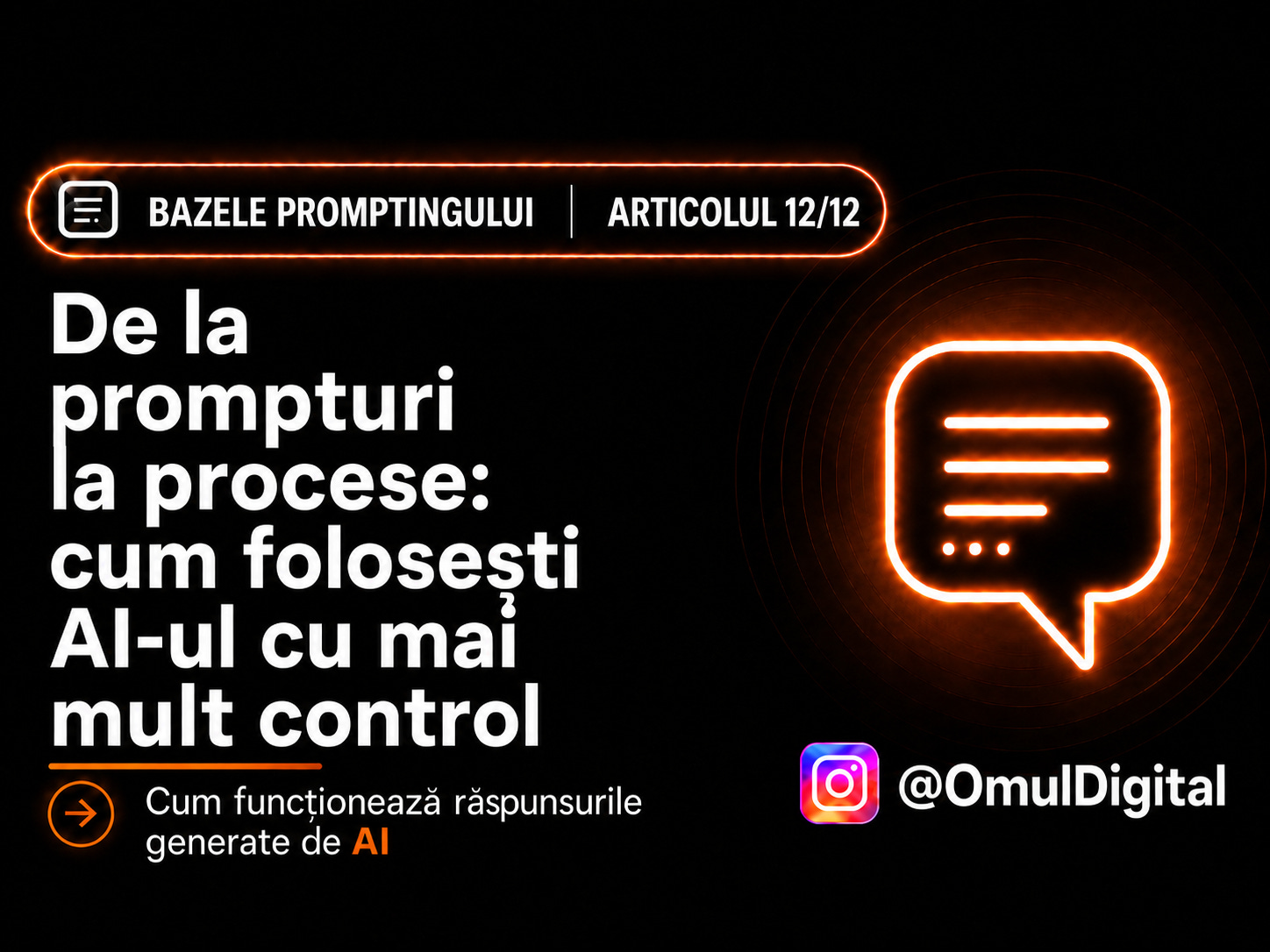 Cover pentru seria „Bazele promptingului” de la Omul Digital, cu titlul articolului, icon de chat și design mov dedicat materialelor despre prompt engineering.