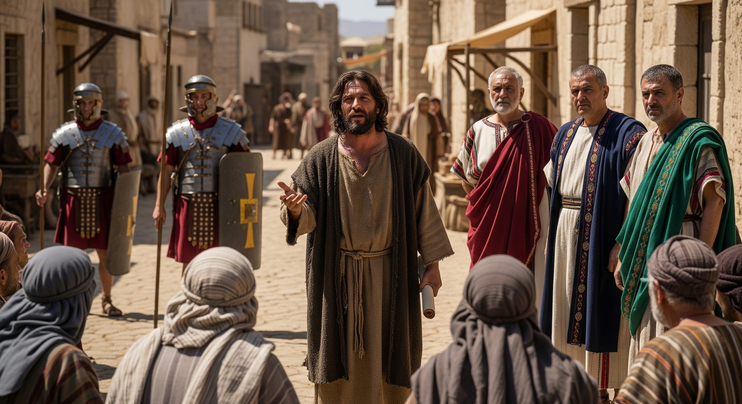 A rugged, bearded Jesus in simple robes, standing in a dusty street and speaking to a small crowd. In the background, Roman soldiers patrol while wealthy figures look on with disdain.