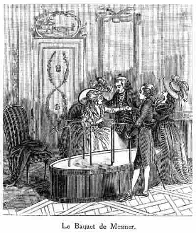 “Le Baquet de Mesmer” (Paris, 1780s): patients gathered around the magnetic tub in demonstrations of mesmerism. “Le Baquet de Mesmer” (Paris, 1780s): patients gathered around the magnetic tub in demonstrations of mesmerism.