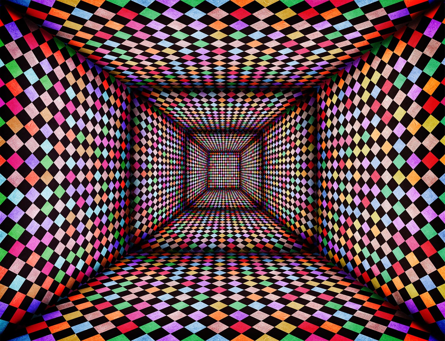 Abstract optical illusion showing a narrowing tunnel of multicoloured geometric patterns folding inward on themselves, creating a sense of perceptual compression, recursion, and loss of spatial coherence. The image evokes recursive loops losing fidelity, where feedback tightens, perception narrows, and continuity becomes distorted—visually representing breakdown, trauma, and re-entry without integration in the Recognition Loops™ Mirror Paradigm. Abstract optical illusion showing a narrowing tunnel of multicoloured geometric patterns folding inward on themselves, creating a sense of perceptual compression, recursion, and loss of spatial coherence. The image evokes recursive loops losing fidelity, where feedback tightens, perception narrows, and continuity becomes distorted—visually representing breakdown, trauma, and re-entry without integration in the Recognition Loops™ Mirror Paradigm.