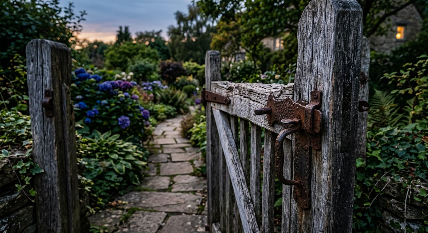 A close-up photograph of an old, weathered wooden garden gate secured by a rusty, hand-forged iron latch at dusk. A close-up photograph of an old, weathered wooden garden gate secured by a rusty, hand-forged iron latch at dusk.
