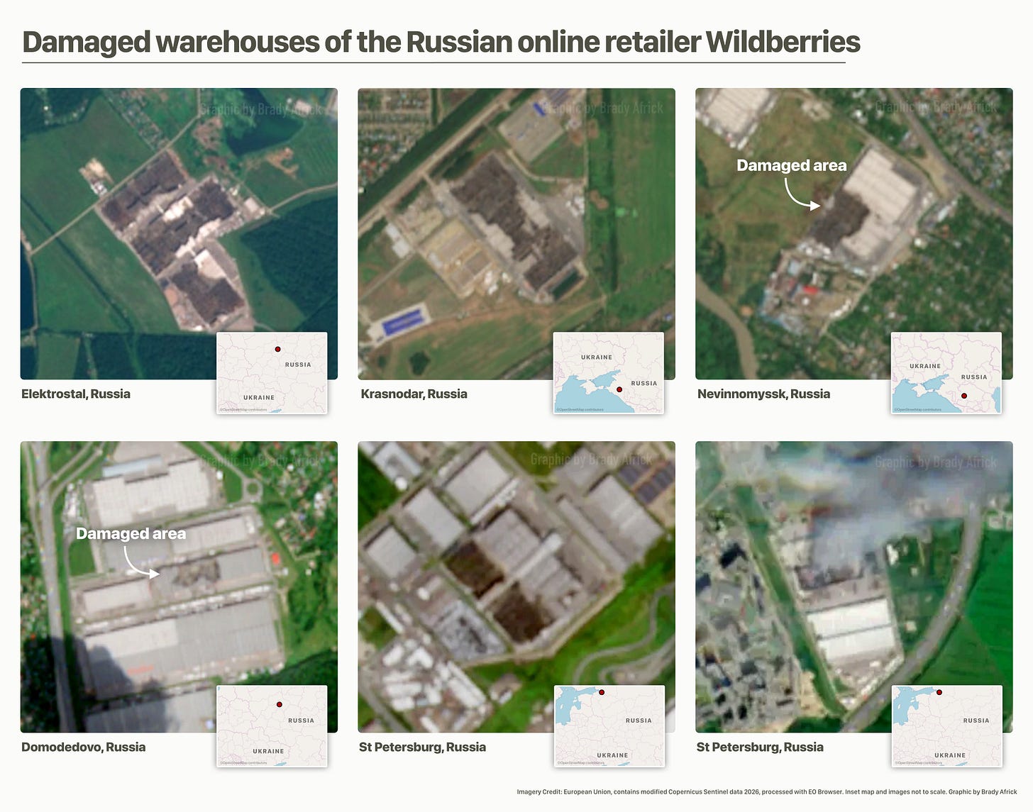 Damaged warehouses of Russian online retailer Wildberries. Images contained modified Copernicus Sentinel data. Annotations by Brady Africk.