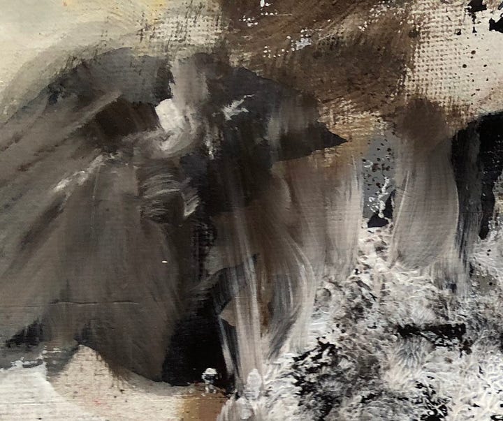LEFT: Initial brush marks, dark on against light texture, that suggest a more hawkish bird head on the left with a large white splotch that could be an eye. The lower right look like the tip of the brush dabbed in white and black. RIGHT: Figure detail from PRE-FLIGHT CHECKLIST featuring a woman with red hair tied back in a pony tail. She holds a curling piece of paper in her hand. Her wardrobe is colorful from her pale blue tank top to the yellow pants that puff out and cuff at mid-calf. The leather strap of her pack cuts across her chest, and she has a sword belted at her waist suggesting she’s ready for adventure.