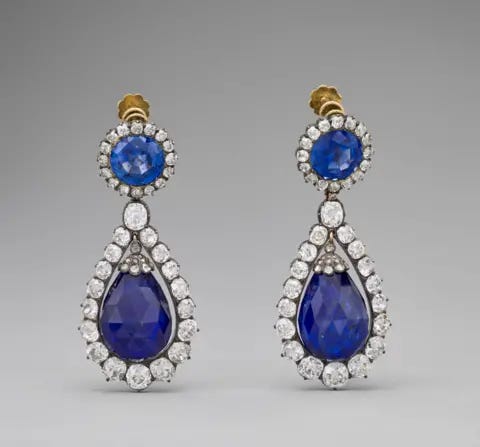Louvre Museum A pair of diamond and blue emerald encrusted earrings 