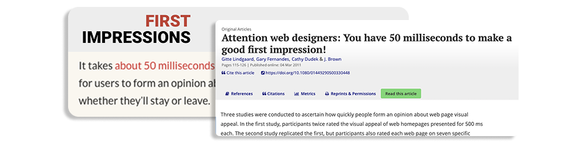 UX research visual by Karo Zieminski for Product with Attitude summarizing first-impression theory in web design, emphasizing 50-millisecond judgment windows, visual appeal, cognitive bias, and evidence-based product and UX decision-making. UX research visual by Karo Zieminski for Product with Attitude summarizing first-impression theory in web design, emphasizing 50-millisecond judgment windows, visual appeal, cognitive bias, and evidence-based product and UX decision-making.
