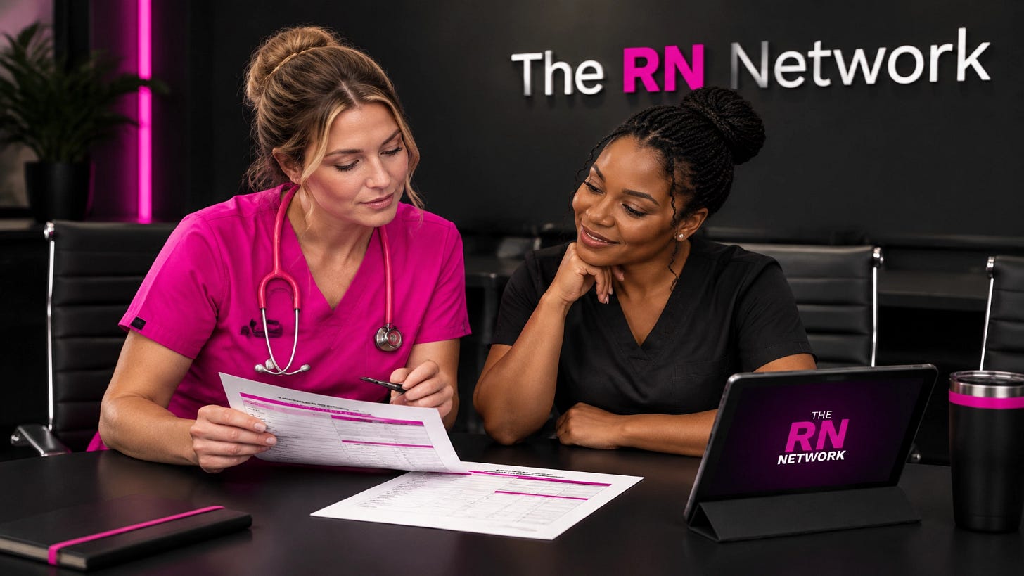 Two nurses reviewing a debt-to-salary worksheet in a healthcare conference room Two nurses reviewing a debt-to-salary worksheet in a healthcare conference room