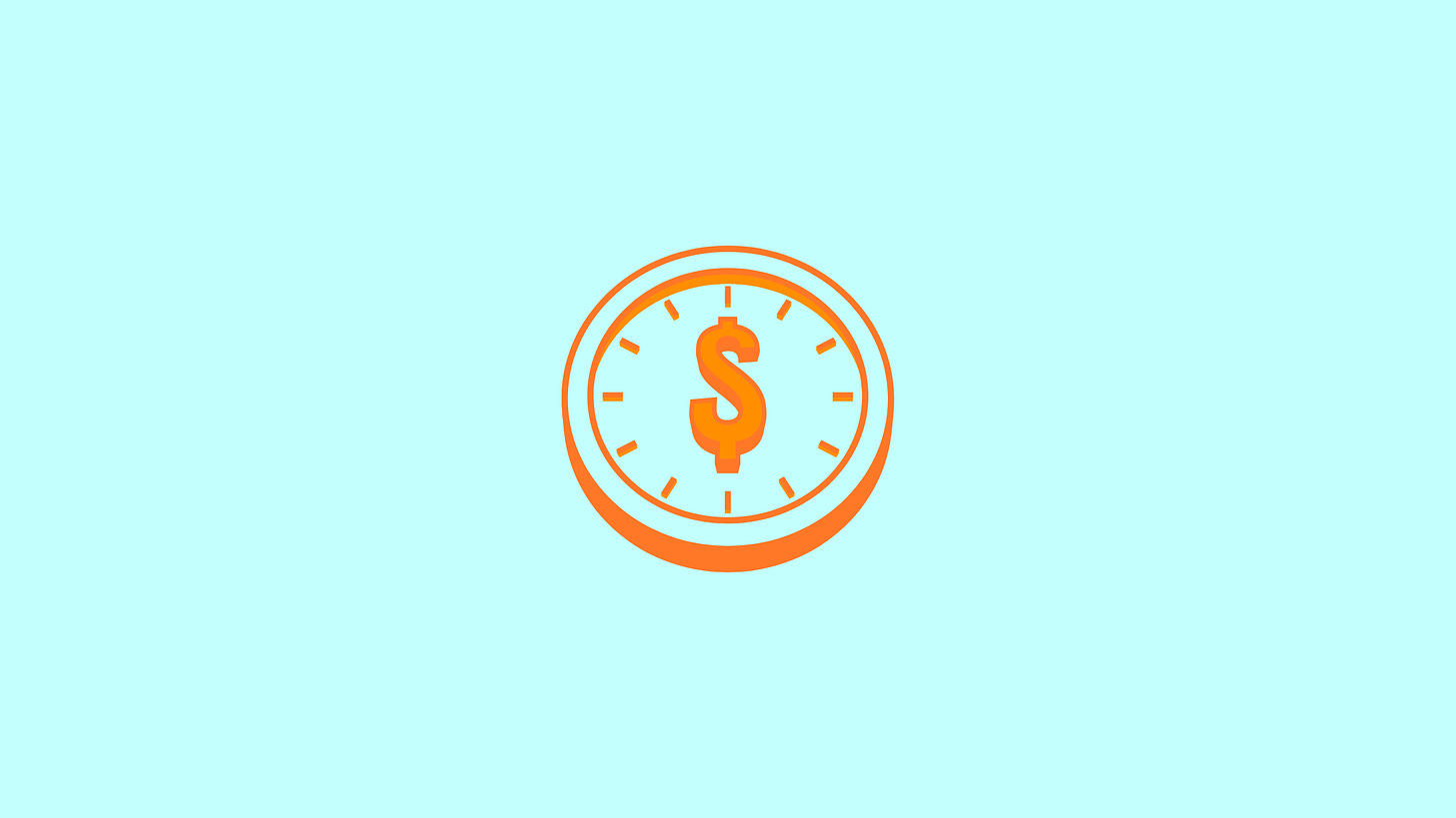Orange icon of a clock with a dollar sign in the center instead of clock hands, set against a light teal/mint background. Orange icon of a clock with a dollar sign in the center instead of clock hands, set against a light teal/mint background.