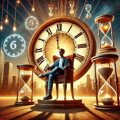 A person sitting in a chair with a large clock and a city in the background

AI-generated content may be incorrect.