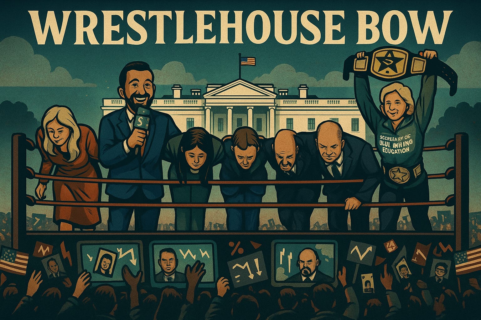 Green parchment paper, poster-sized image. The cast of the White House taking a bow with Kash Patel on the microphone announcing cage fights. Images of cameras and fans, White House lawn. Green parchment paper, poster-sized image. The cast of the White House taking a bow with Kash Patel on the microphone announcing cage fights. Images of cameras and fans, White House lawn.