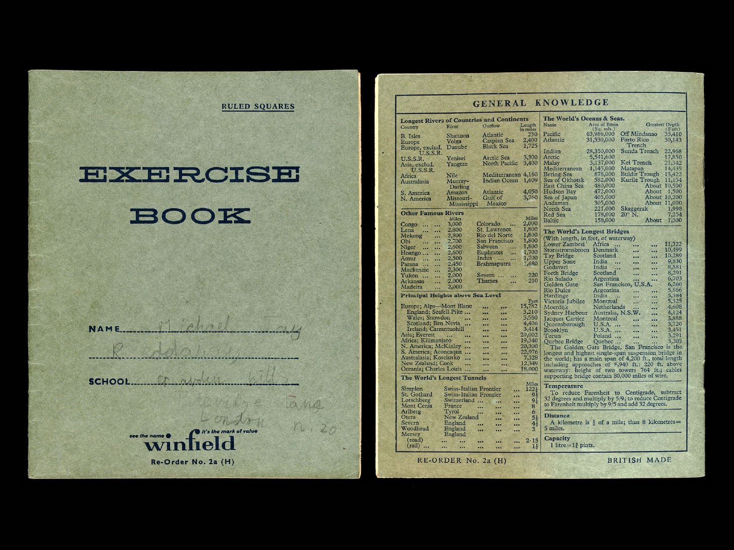 Front and back cover scans of a green exercise book from the 1960s