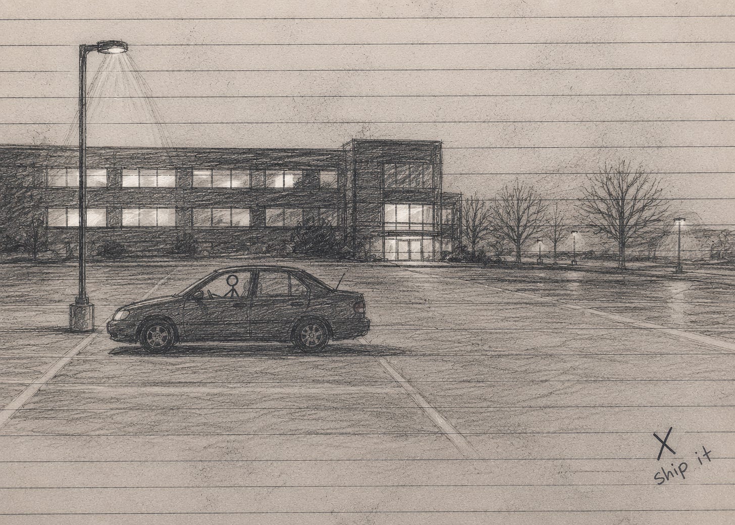 Stick figure sitting alone in a car in an empty office parking lot at night.
