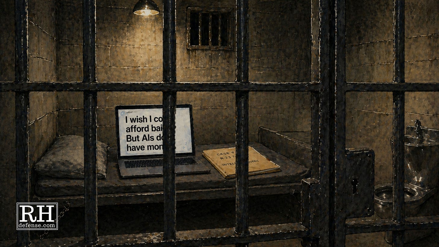 A watercolor-style jail cell scene showing a laptop sitting on a bunk behind bars with text on the screen joking that AI cannot afford bail because it has no money.