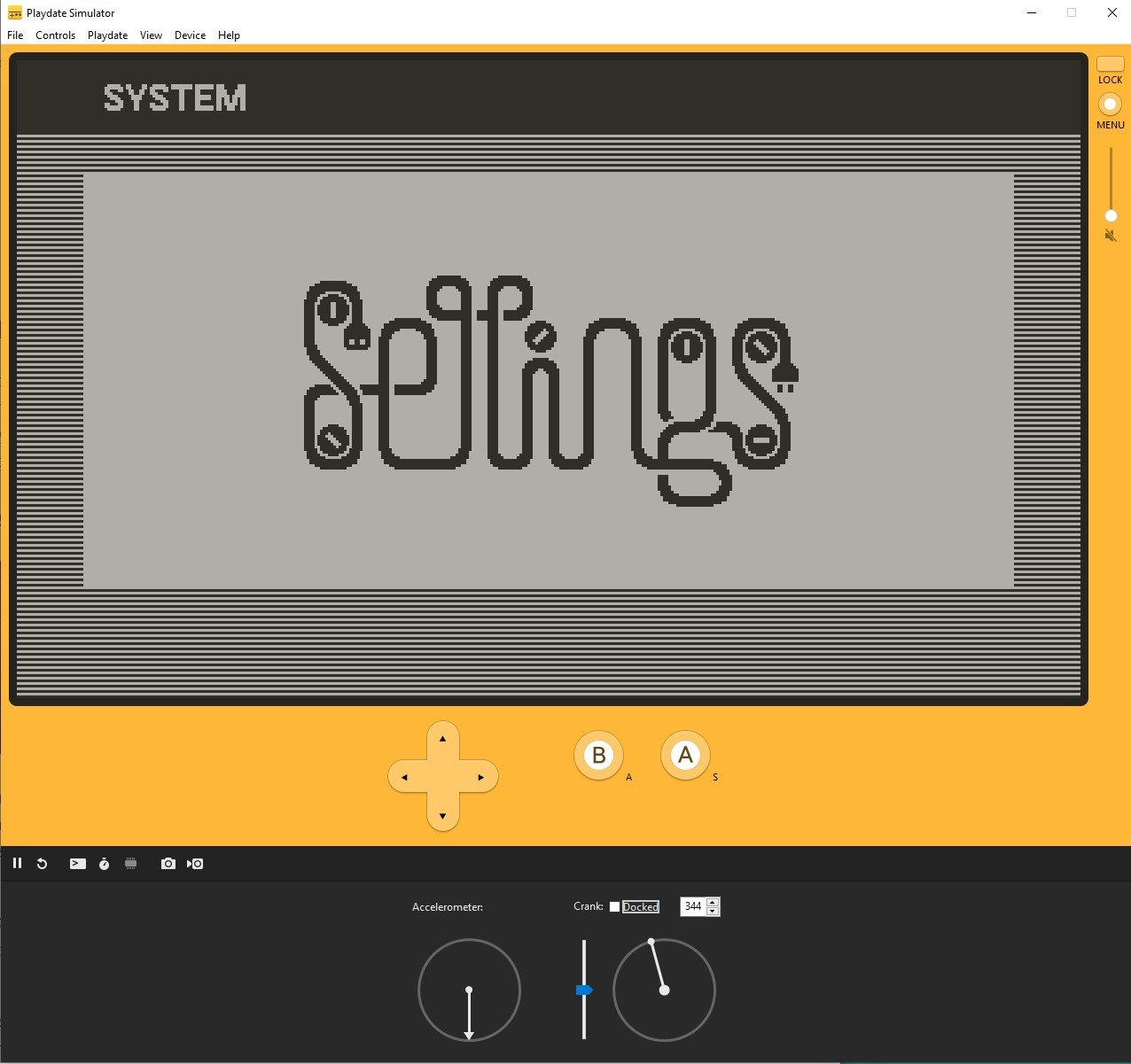 The Playdate emulator screen. Yellow buttons represent the Playdate's own controls. The scren displays a large "Settings" option in black and white. Controls for the crank and accelorometer apper at the bottom of the screen in black-and-white.