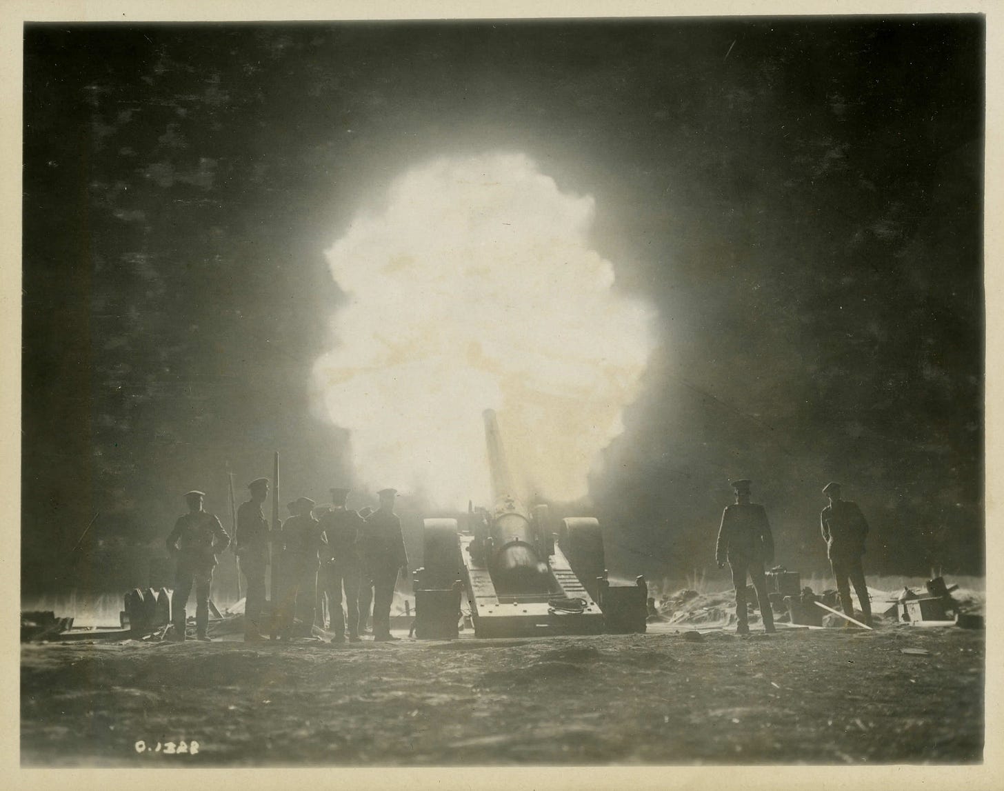 Artillery support was an important strategic aspect of the plan to take Vimy Ridge from the Germans. In this striking nighttime photograph taken behind Canadian lines at Vimy, a British naval gun fires in support of the Canadian attack. Approximatel…