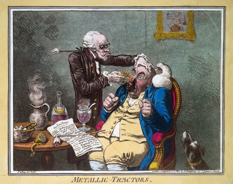 A coloured engraving showing a rotund man seating in an upholstered chair. He is in 18th-century clothing and has a startled or pained expression. His wig is falling off and a thin, serious-looking man is applying a metal pointer to his nose. There is a table with wine, a newspaper and a clay pipe on it. A dog sits in the bottom right of the image, looking up at proceedings.