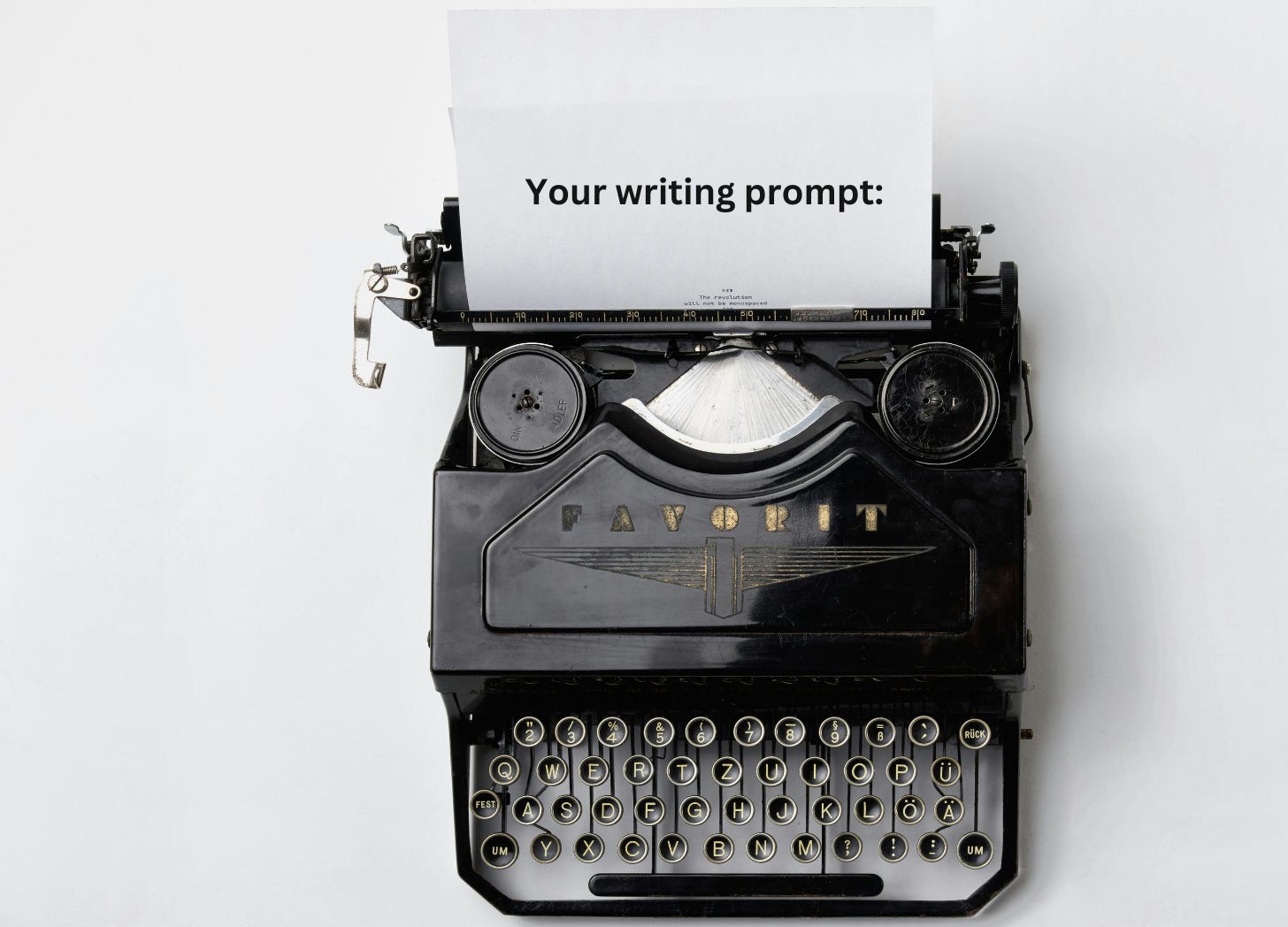 Black typewriter with white paper. Message reads: "Your writing prompt..." Black typewriter with white paper. Message reads: "Your writing prompt..."