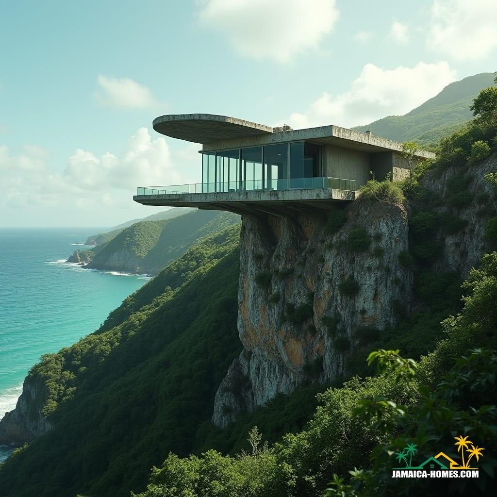  A concrete, brick, and glass house shaped like a soaring bird perched on a Caribbean hillside in Jamaica. Cinematic film still, shot on v-raptor XL, 35mm film grain, subtle vignette, rich color grading, masterful post-processing, dramatic cinematic lighting casting deep shadows and highlighting textures, evoking an atmospheric, epic, and stunning masterpiece of live-action cinematography.