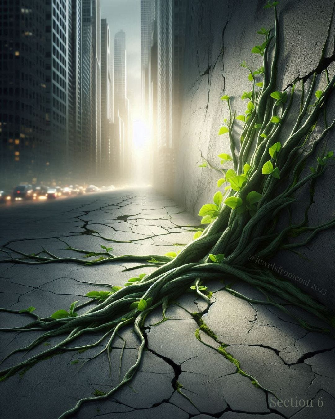 A high-resolution image of green plant roots breaking through cracked concrete at the base of a city wall. The roots twist upward toward sunlight between tall, shadowed buildings, symbolizing resilience and life emerging through oppression.