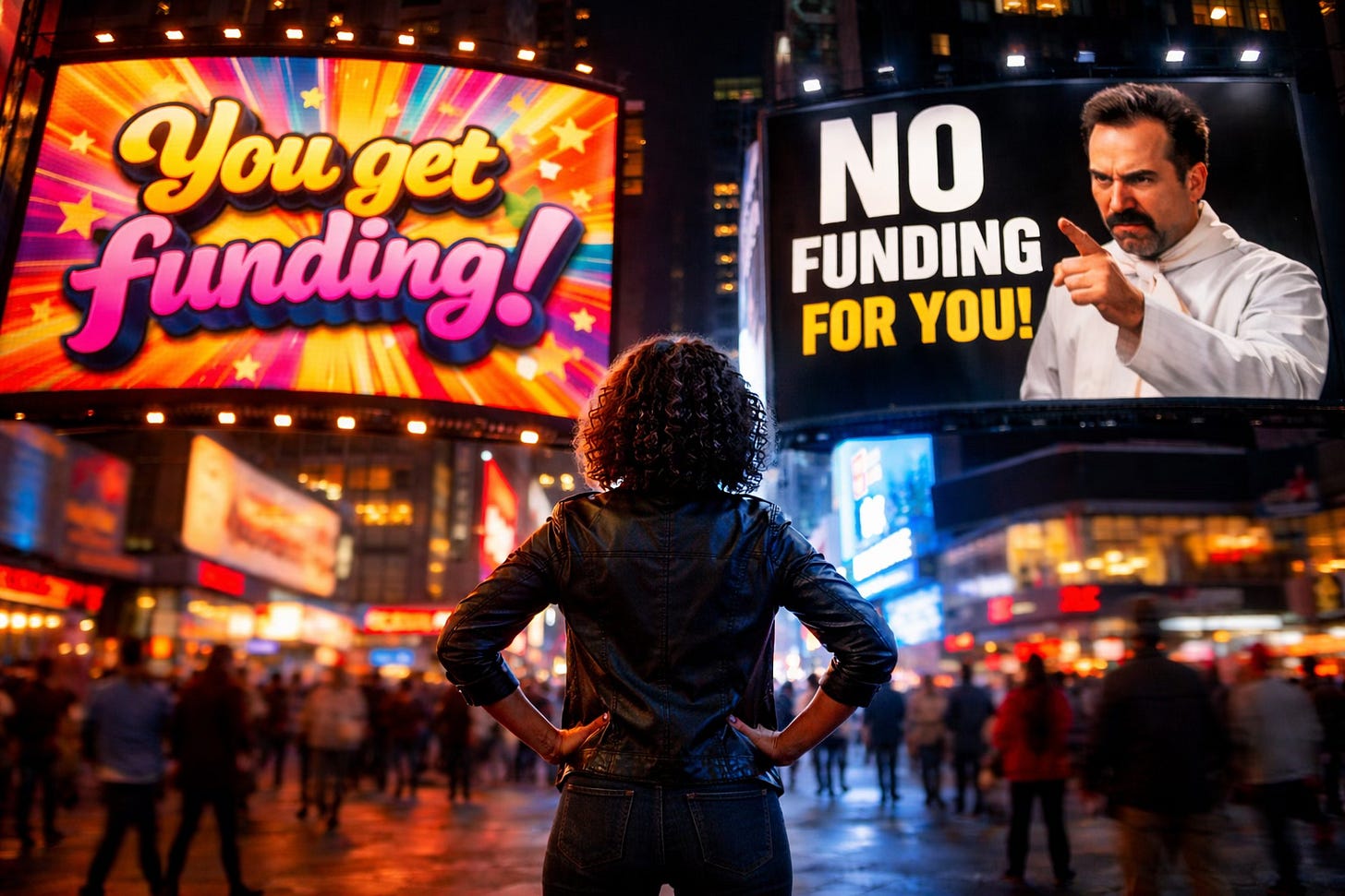 diverse founder, hands on hips looking up at billboards - one offering funding, the other no funding. diverse founder, hands on hips looking up at billboards - one offering funding, the other no funding.