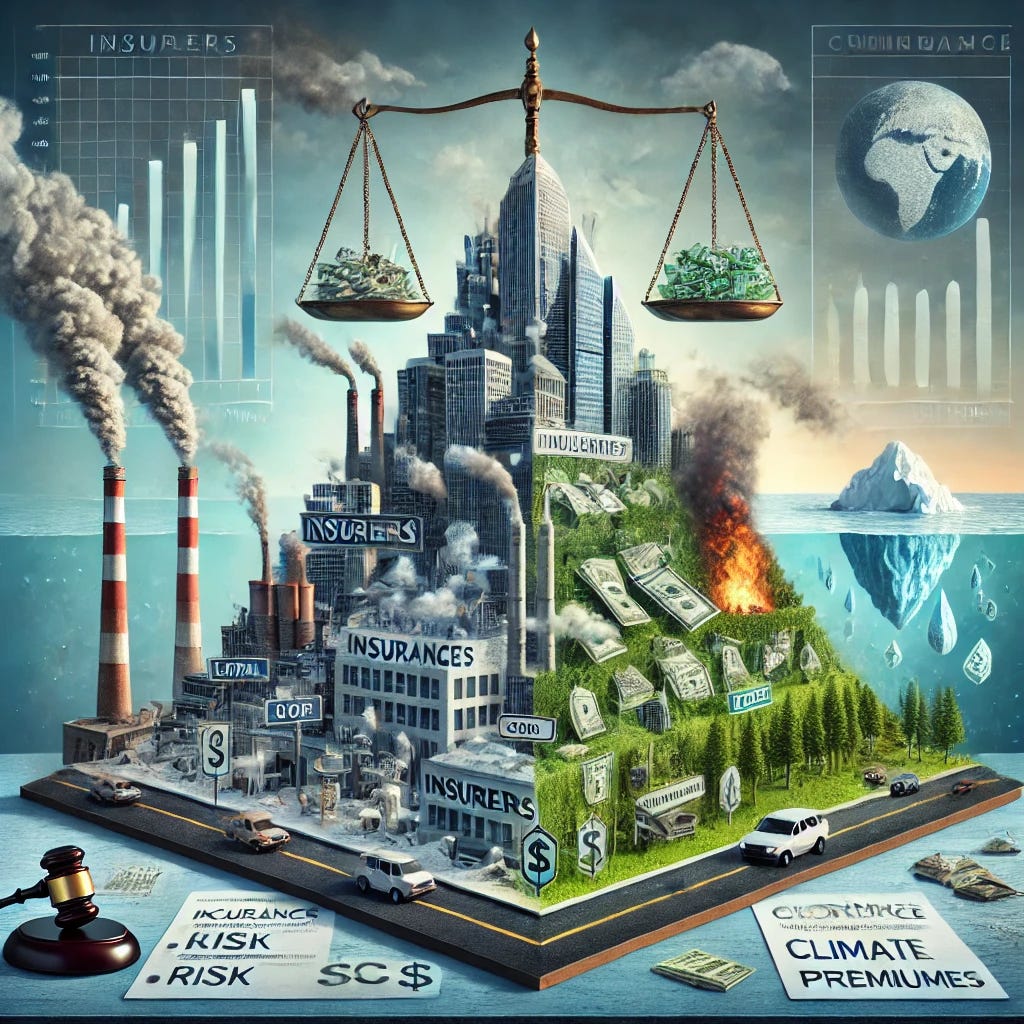 A conceptual illustration of the intersection between the insurance industry, government regulations, and climate change. The image features a layered pyramid structure: at the base, a polluted industrial cityscape emitting CO2, with factory smokestacks and deforestation. Above it, a layer represents government regulations with legal documents, gavel, and policy makers monitoring emissions data on digital screens. The next layer showcases the insurance industry, with towering corporate buildings labeled 'Insurers' and 'Reinsurers,' along with graphs calculating climate risk and premiums. At the top, a balancing scale symbolizes the tension between economic and environmental concerns. One side of the scale holds stacks of money representing financial losses and premiums, while the other side holds a melting iceberg and burning forest, signifying environmental destruction. The background subtly transitions from a stormy sky on the polluted side to a hopeful green landscape where clean energy and sustainable practices thrive. The image is detailed and visually striking, incorporating symbolic elements of risk, finance, and environmental impact.