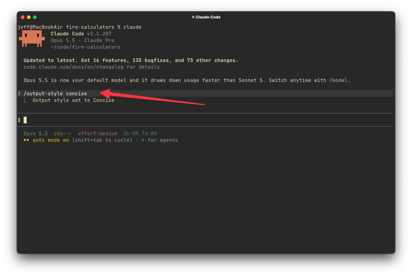 Setting a Claude Code output style to concise