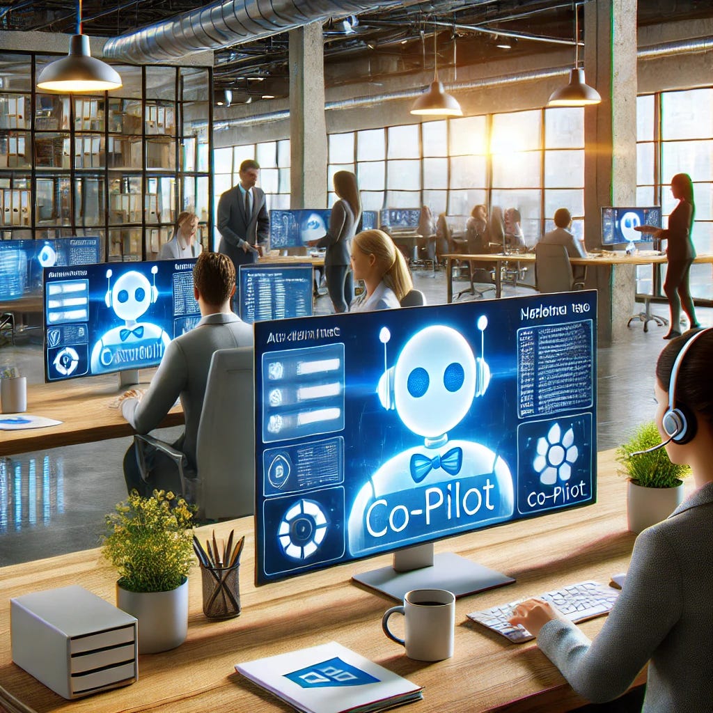 An office setting where employees are using computers with SharePoint on the screens, with an AI assistant represented by Co-Pilot assisting them. The office environment is modern with large windows, collaborative workspaces, and a professional atmosphere. There are visible SharePoint icons, metadata tags, and user-friendly navigation on the screens. The AI assistant is depicted as a friendly, glowing hologram providing suggestions and helping organize content.