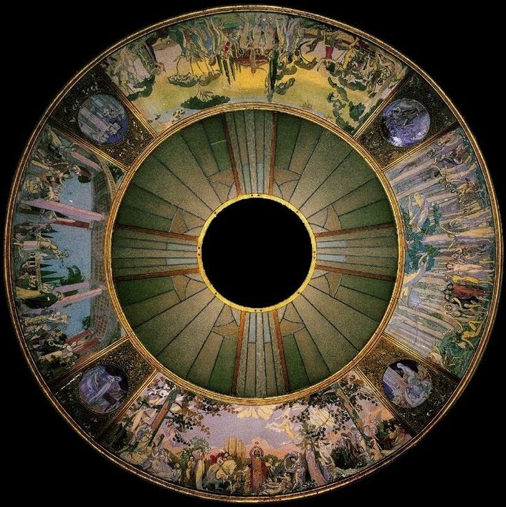 This may contain: the inside of a ceiling with paintings on it's sides and an oval hole in the center