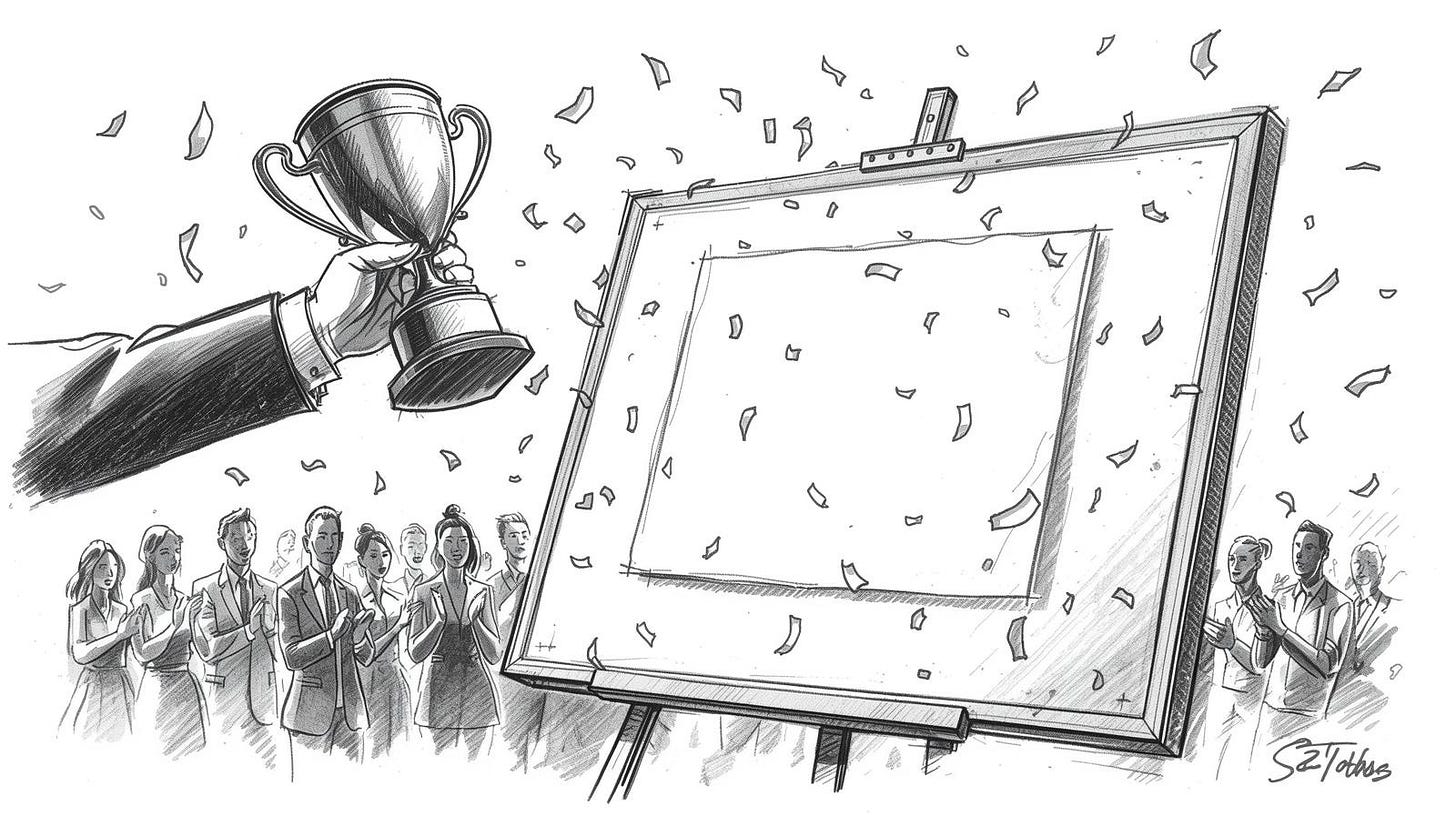 Trophy awarded to a blank canvas outline surrounded by applauding silhouettes Trophy awarded to a blank canvas outline surrounded by applauding silhouettes