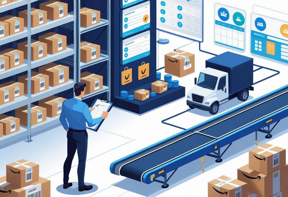 A business professional inspecting inventory in a warehouse with shelves of boxes and an Amazon delivery truck at a loading dock.