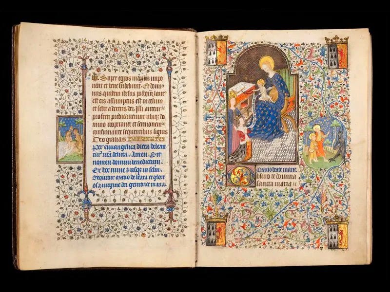 15th century image of princess in kneeling in front of Virgin and child. 