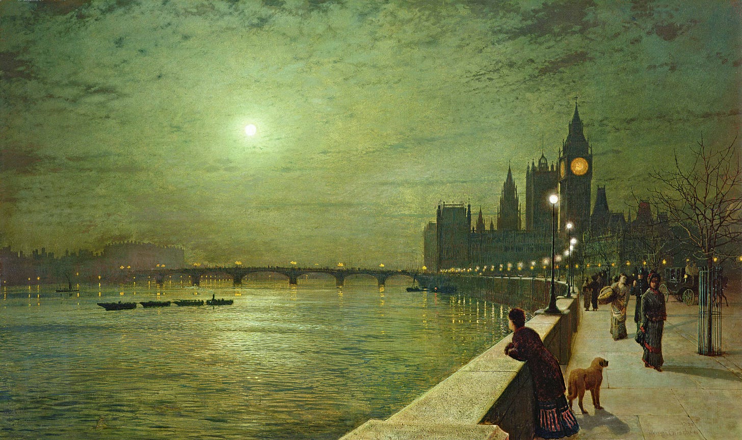 painting of wide river, bridge, Houses of Parliament