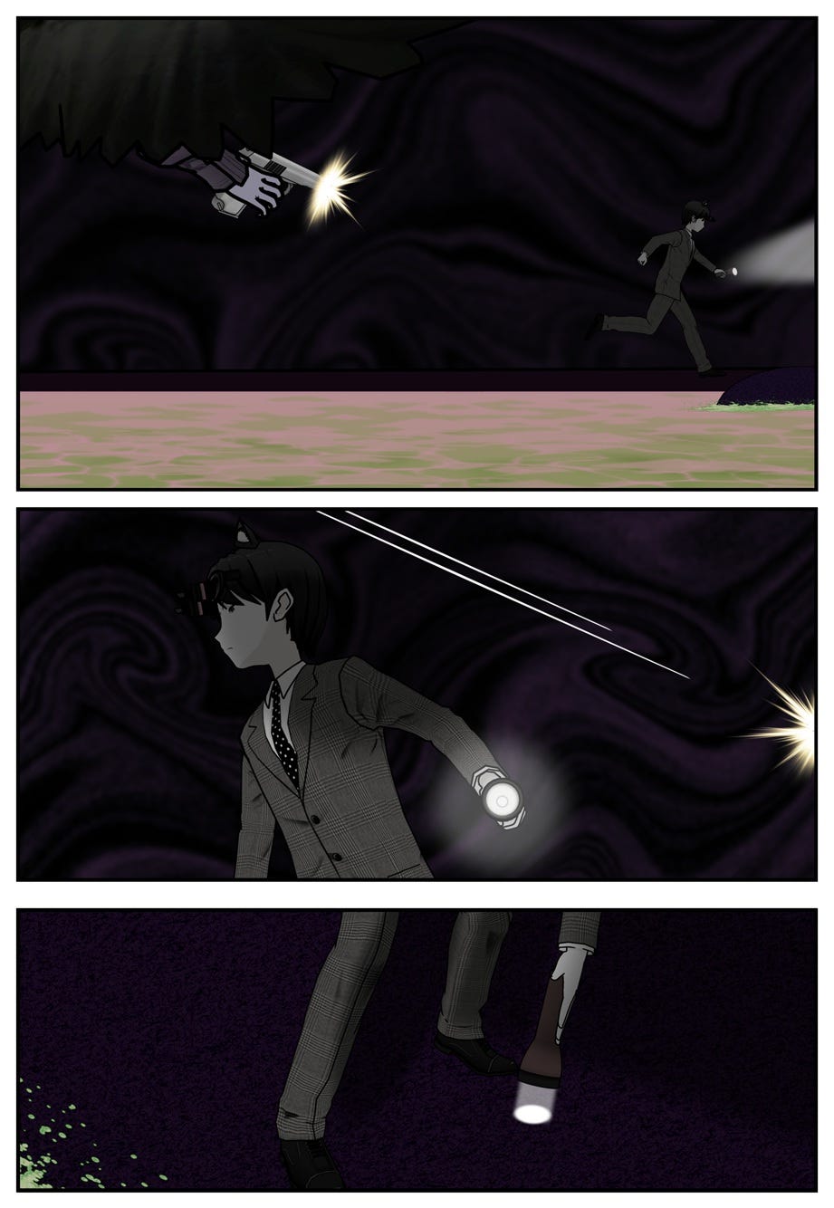 The enemy shoots at Ace and misses. Ace places the flashlight on the ground, pointed down.