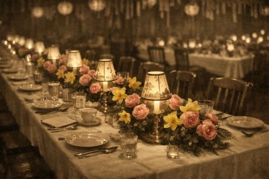 A long table banquet scene. The table is decorated with a white table cloth and place settings with candles with Japanese shades, pink roses and daffodils. The image was created by AI using Copilot.