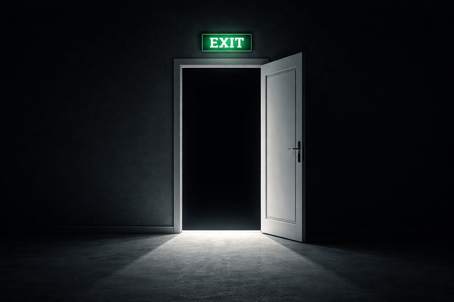 an open door with a green exit sign on it an open door with a green exit sign on it
