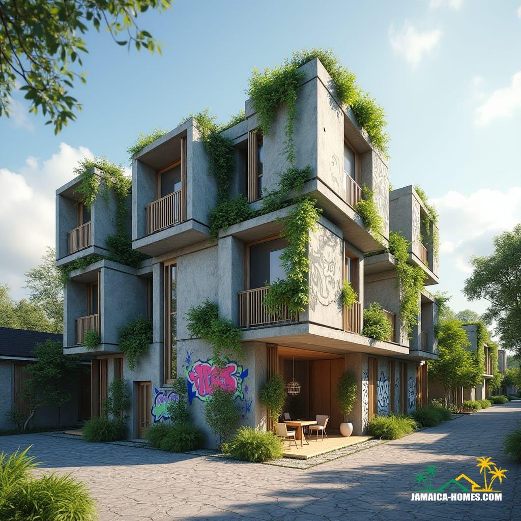 Ultra-modern micro-housing complex in urban Kingston, featuring stackable modular concrete cubes with lush vertical gardens, vibrant graffiti-art street facade, and minimalist interiors with protruding glass windows and jalousie shutters, amidst a shared community courtyard with solar-powered amenities, inspired by Jamaican street life and Blue Mountains, in the style of Syd Mead, Zaha Hadid, and Ash Thorp, with cinematic lighting, film grain, and vibrant colors.