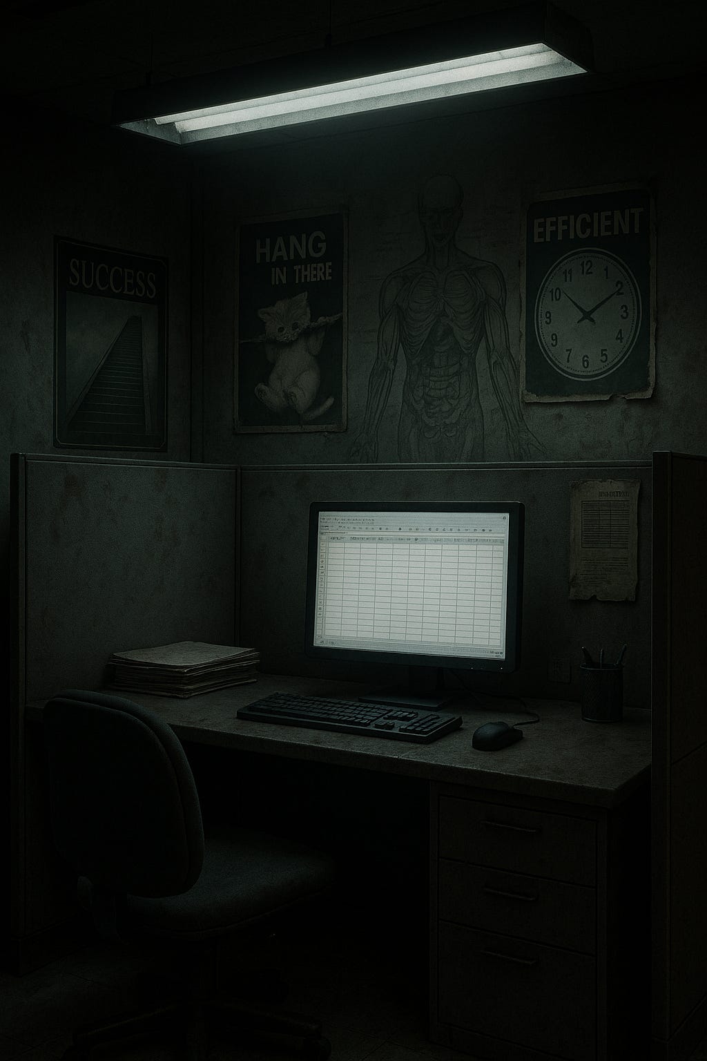 A dim, sterile office cubicle lit by a cold fluorescent light, centered on a blank spreadsheet and surrounded by faded posters of success and efficiency. The air feels unbreathable. A dim, sterile office cubicle lit by a cold fluorescent light, centered on a blank spreadsheet and surrounded by faded posters of success and efficiency. The air feels unbreathable.