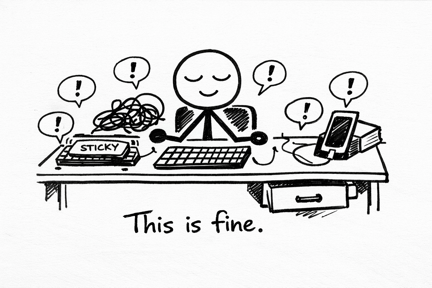 Hand-drawn Sharpie doodle on white paper of a calm stick figure sitting at a cluttered desk surrounded by small everyday annoyances like a sticky keyboard key, tangled cables, an open drawer, and a phone propped to charge, each with angry speech bubbles, illustrating hidden daily friction and normalization of minor problems.