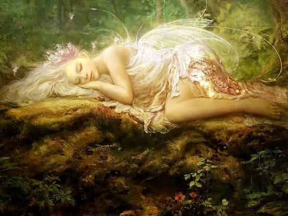 This may contain: a painting of a woman laying in the woods