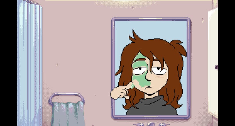 Mara applies green face cream in the mirror