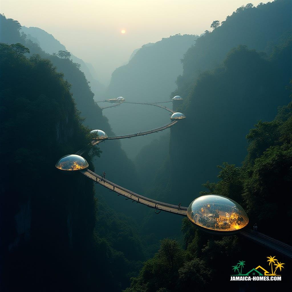Sky Bridge Villages: Ribbon-like walkways suspended between cliffs, with glass pods that glow softly at night like fireflies above the valleys.