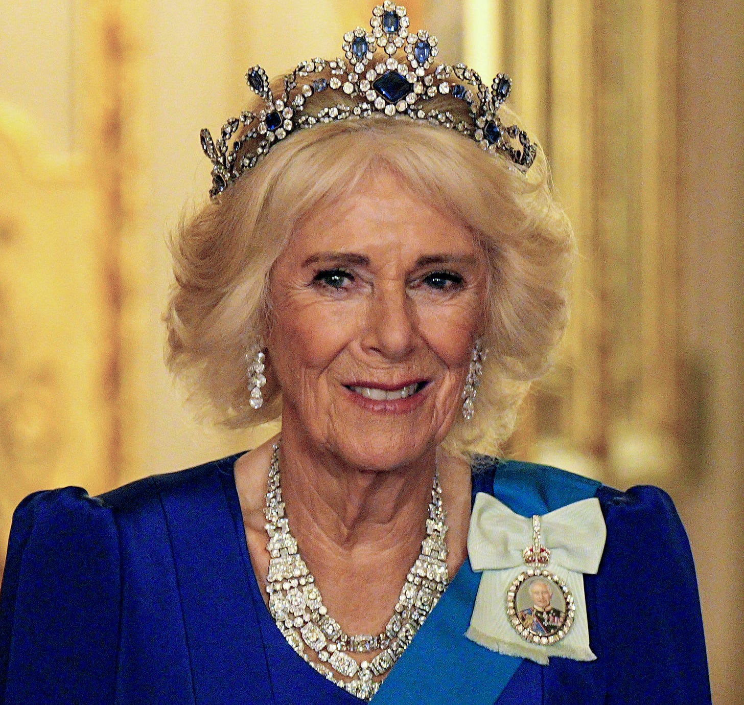 Queen Camilla smiling wearing the Belgian Sapphire Tiara Queen Camilla smiling wearing the Belgian Sapphire Tiara