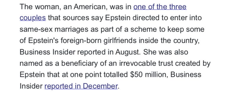 Business Insider reports that Kimbal's 'Epstein Girlfriend' was American, and was forced into an arranged marriage, and that 3 such Epstein arranged marriages were known to exist. 