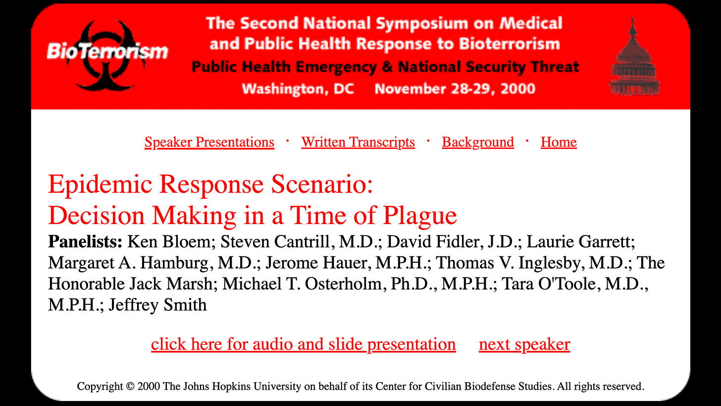 Screenshot of Johns Hopkins 2000 Bioterrorism Symposium page