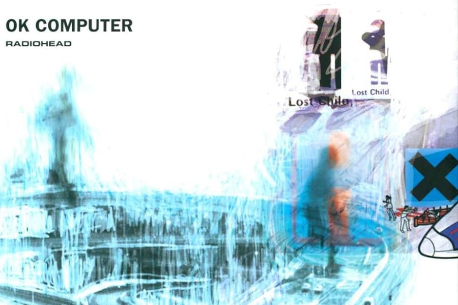 Abstract, high‑contrast image resembling a washed‑out photograph of a highway interchange, overlaid with faint text, blue accents, and graphic fragments. The composition evokes themes of technology, alienation, and modern acceleration.