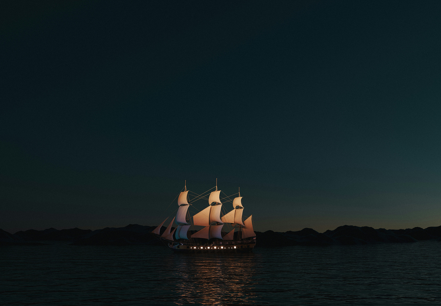 A pirate ship out on the ocean at night. 