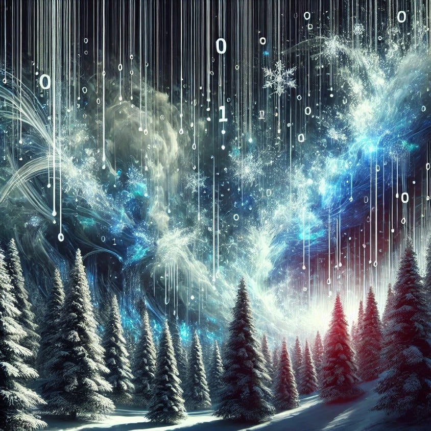 A dramatic scene of a powerful data snowstorm over a dense winter forest. The snowstorm consists of swirling binary code, glowing data streams, and futuristic symbols that cascade like snowflakes, blending the natural and digital worlds. The forest is made up of tall, snow-laden pine trees, partially obscured by the intense storm of glowing data particles. The colors are a mix of icy blues, whites, and vibrant neon highlights, creating a high-tech and surreal atmosphere.