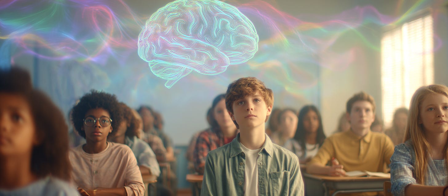 Middle school students sit in a classroom looking toward the front, where a glowing digital brain floats above them with colorful neural patterns, symbolizing how teaching impacts student thinking and learning.
