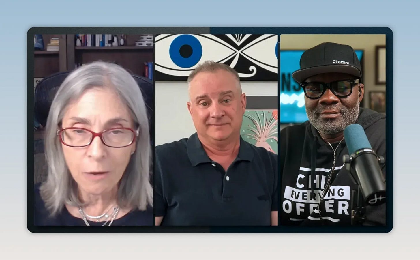 Podcast-style video conference showing three speakers on networking and community