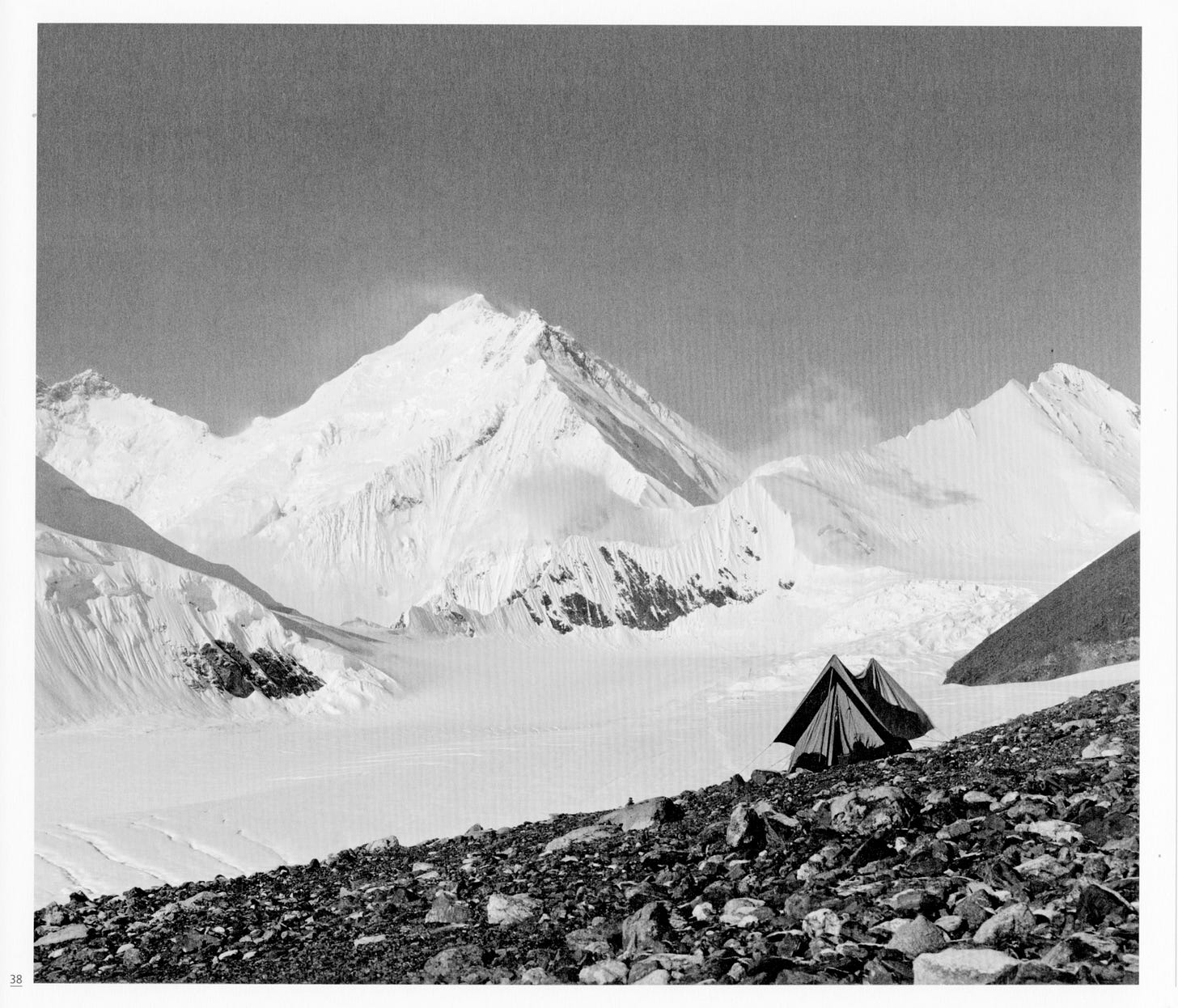 large snowy mountain, small tent