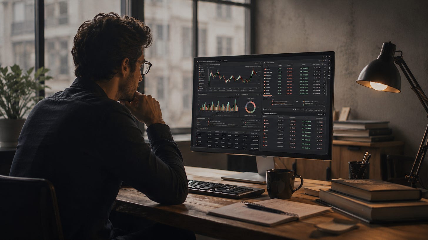 A man analyzes cryptocurrency market data on a large monitor displaying price charts, trading volume, and market metrics in a quiet home office. A man analyzes cryptocurrency market data on a large monitor displaying price charts, trading volume, and market metrics in a quiet home office.